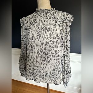 Snow Leopard Ruffle Sleeve Mock Neck Women’s Top